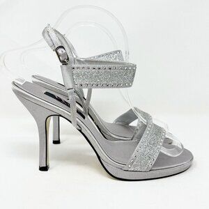Nina NY Crystal Embellished Silver Heels Sparkle Glitter Mule 7.5‎ Wedding